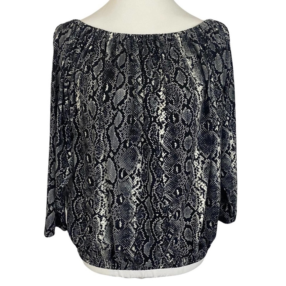 MICHAEL KORS | Black White Off Shoulder 3/4 Dolman Sleeve Snakeskin Blouse
